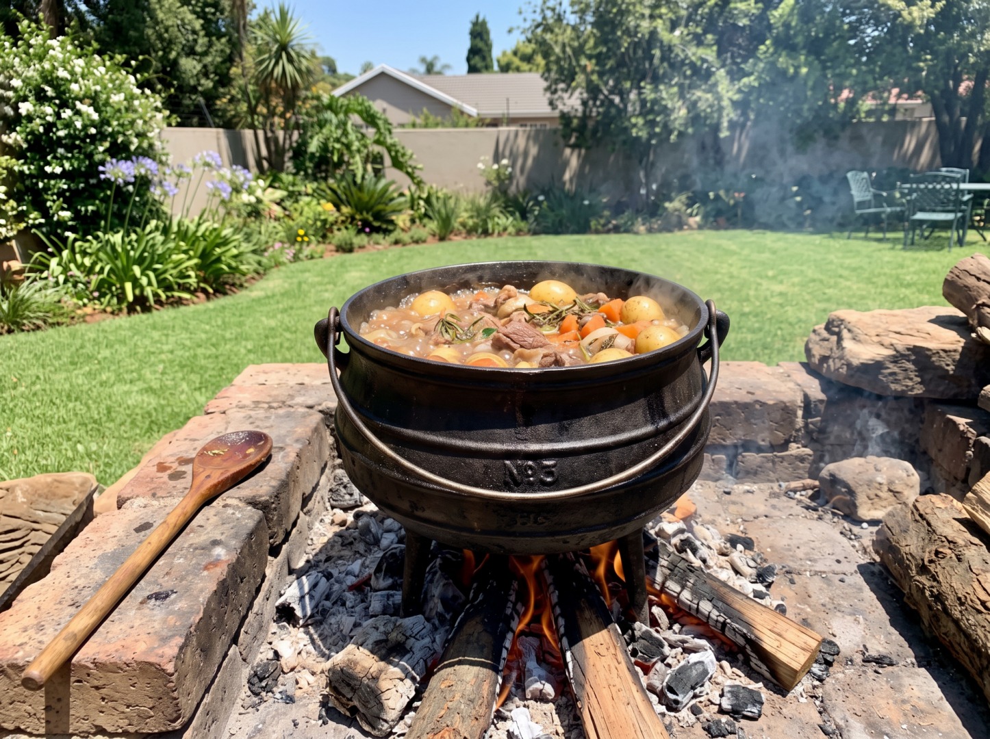South African lamb potjie with baby potatoes and vegetables