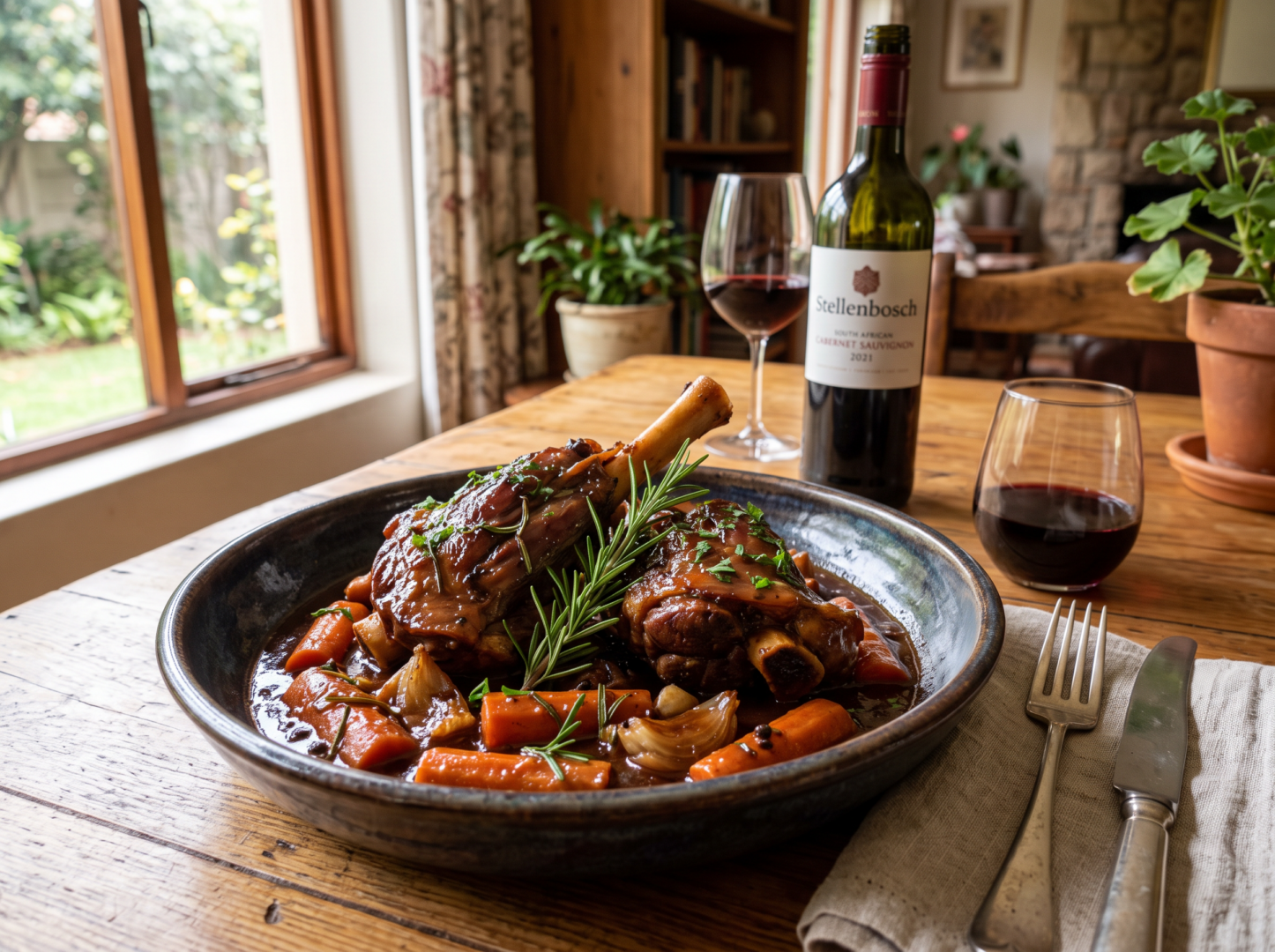 Red wine and rosemary lamb shanks, slow-cooked in a pot