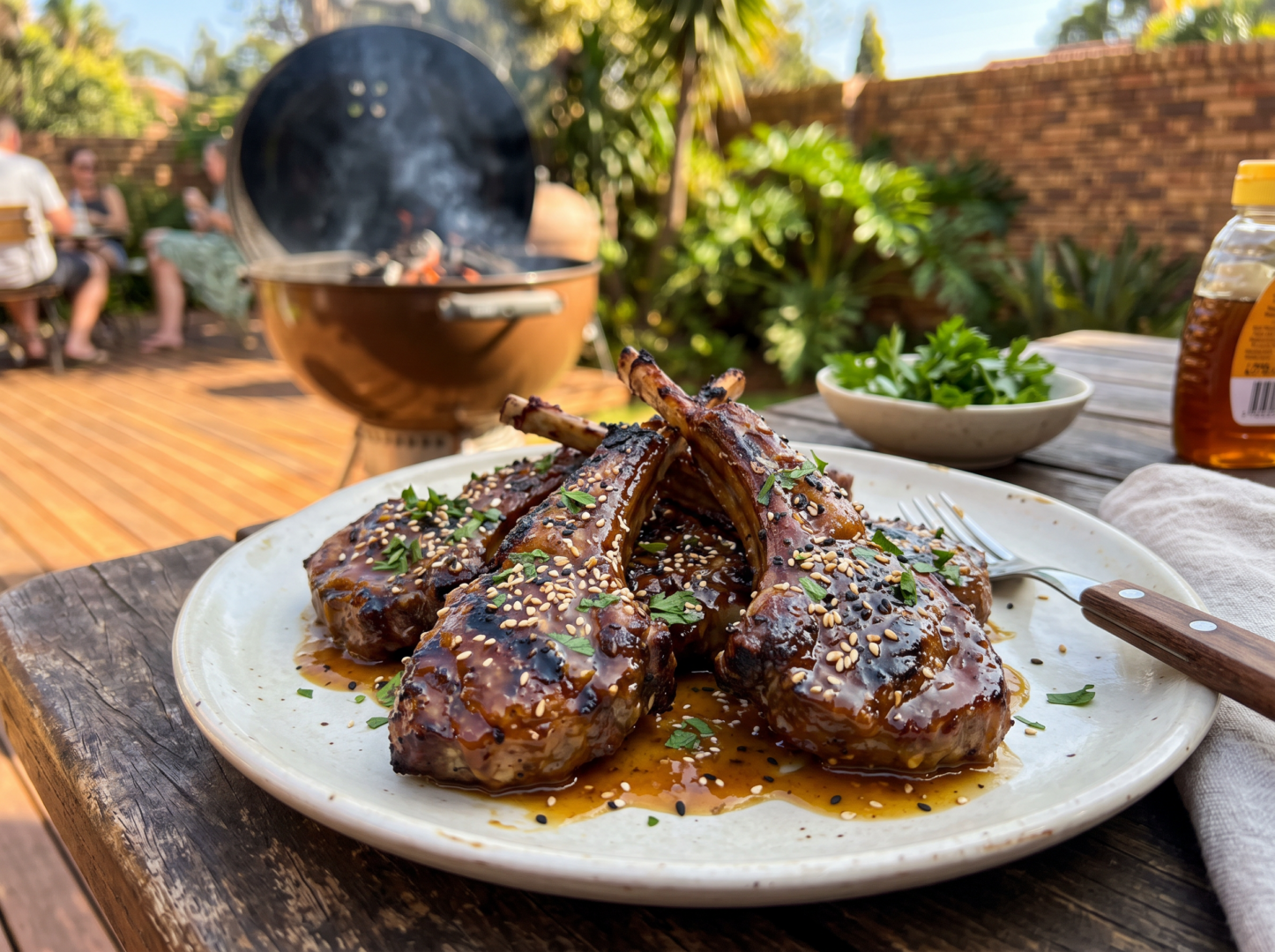 Sticky honey-mustard lamb riblets, glazed and caramelised